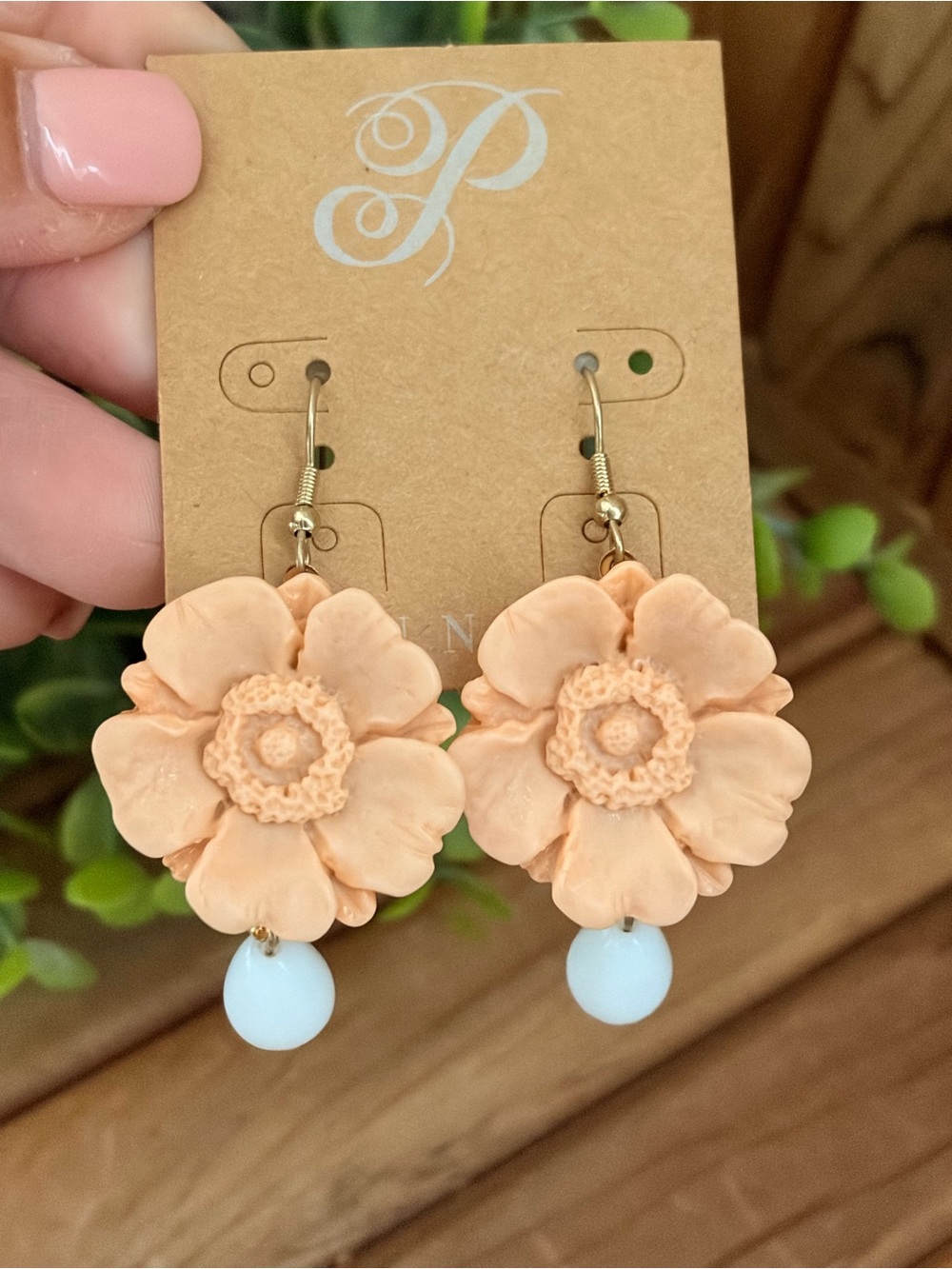 Plunder Peach Floral Drop Earrings, with White Beads and Gold Leaf Detail